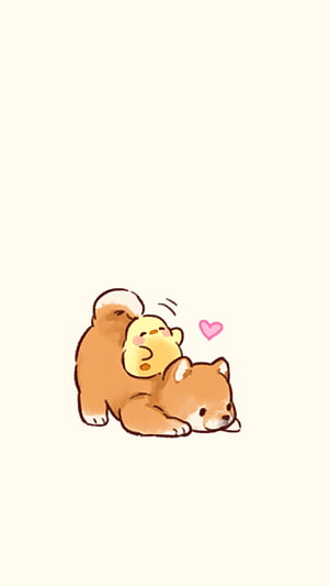 Cute Shiba Inu and Yellow Chick Hugging Illustration HD phone wallpaper