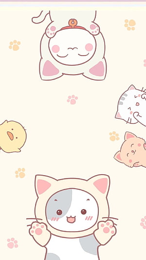 Cute Kawaii Cat and Chick Illustration with Pastel Paw Prints on Cream Background HD phone wallpaper
