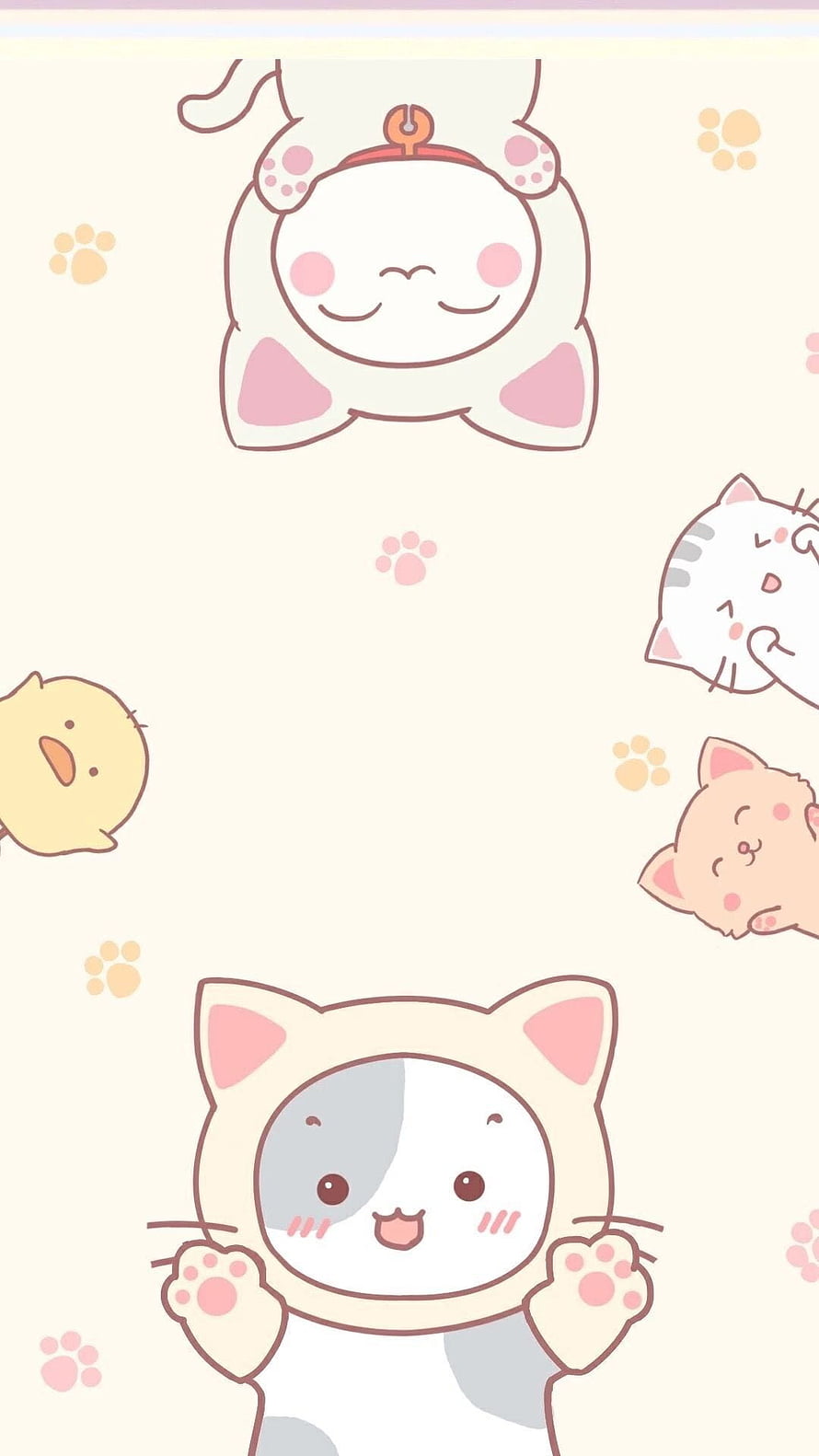 Cute Kawaii Cat and Chick Illustration with Pastel Paw Prints on Cream Background HD phone wallpaper