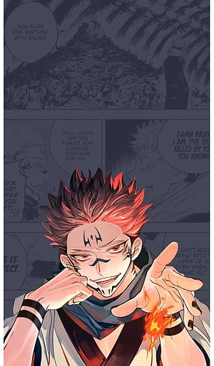Kyojuro Rengoku from Demon Slayer anime character portrait with flame effects and manga background, Ryomen Sukuna , sukuna mobile HD phone wallpaper