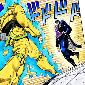 Jotaro Kujo and DIO in a Dynamic Manga Battle Scene HD phone wallpaper