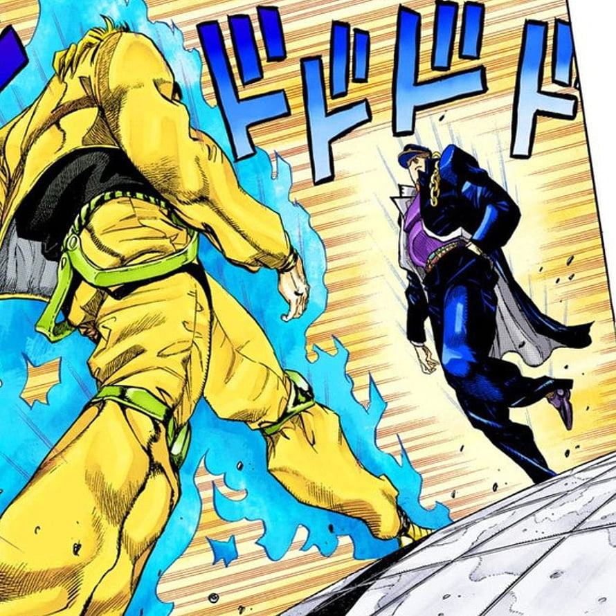 Jotaro Kujo and DIO in a Dynamic Manga Battle Scene HD phone wallpaper
