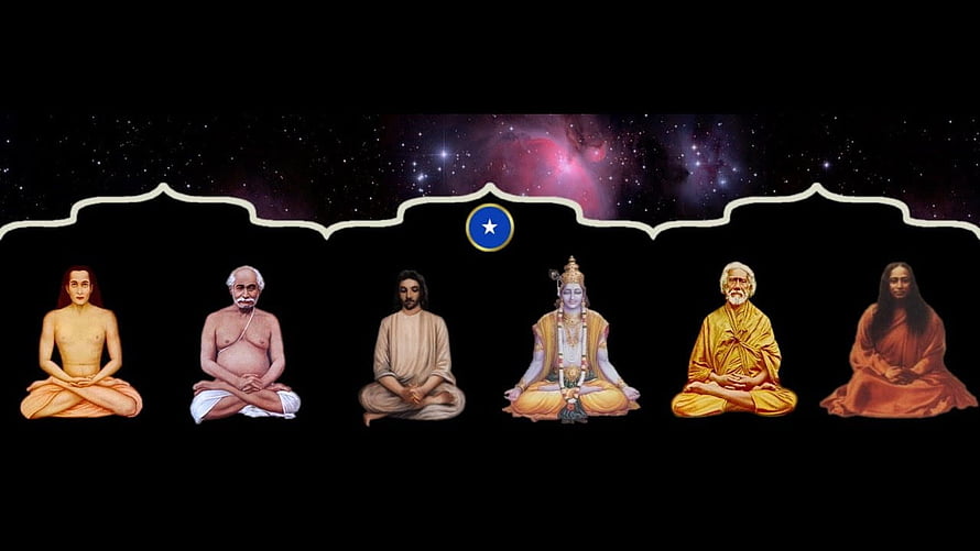 Mahavatar Babaji and Spiritual Masters Meditating Under a Cosmic Starry Sky HD wallpaper