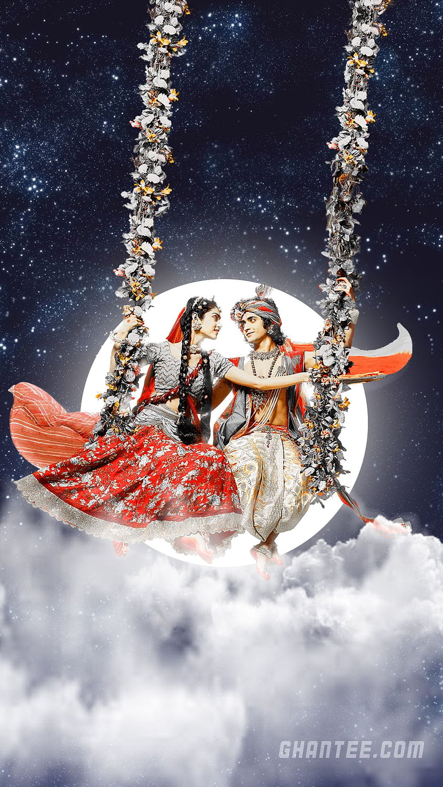 Radha and Krishna Sitting on a Floral Swing Against a Starry Night Sky and Full Moon HD phone wallpaper