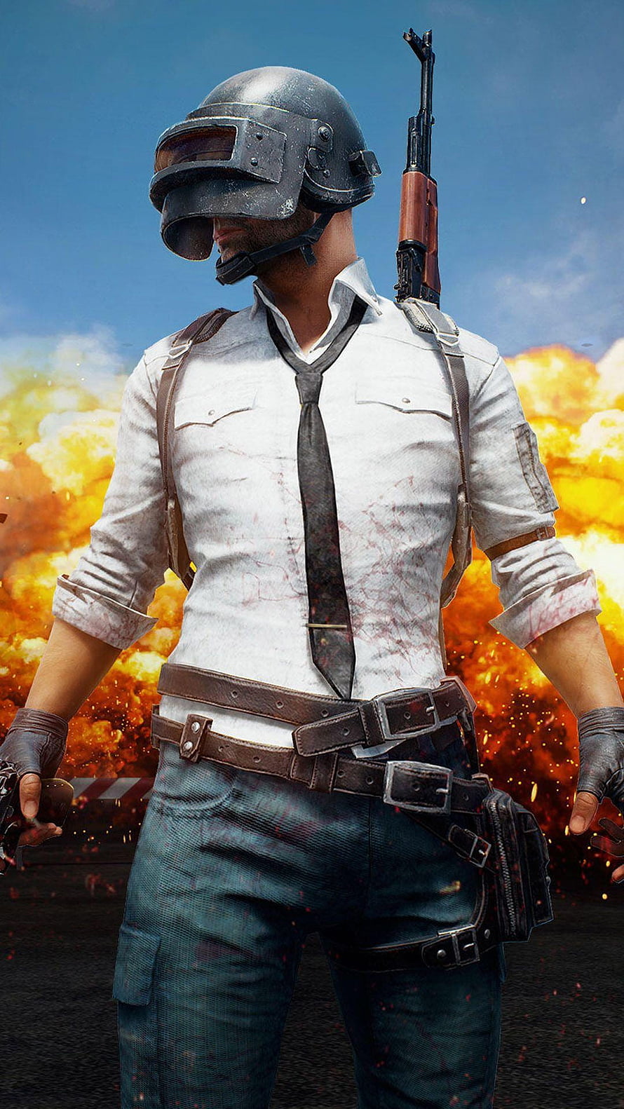 PUBG Mobile Character with Helmet and Rifle Against Explosion Background HD phone wallpaper