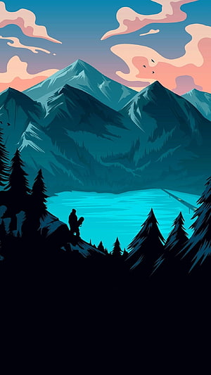 Silhouette of a Hiker with Backpack Overlooking a Serene Lake and Majestic Mountains at Sunset HD phone wallpaper