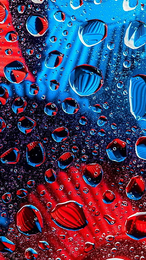 Vibrant Red and Blue Water Droplets on Glass Abstract Macro Photography Wallpaper HD phone wallpaper
