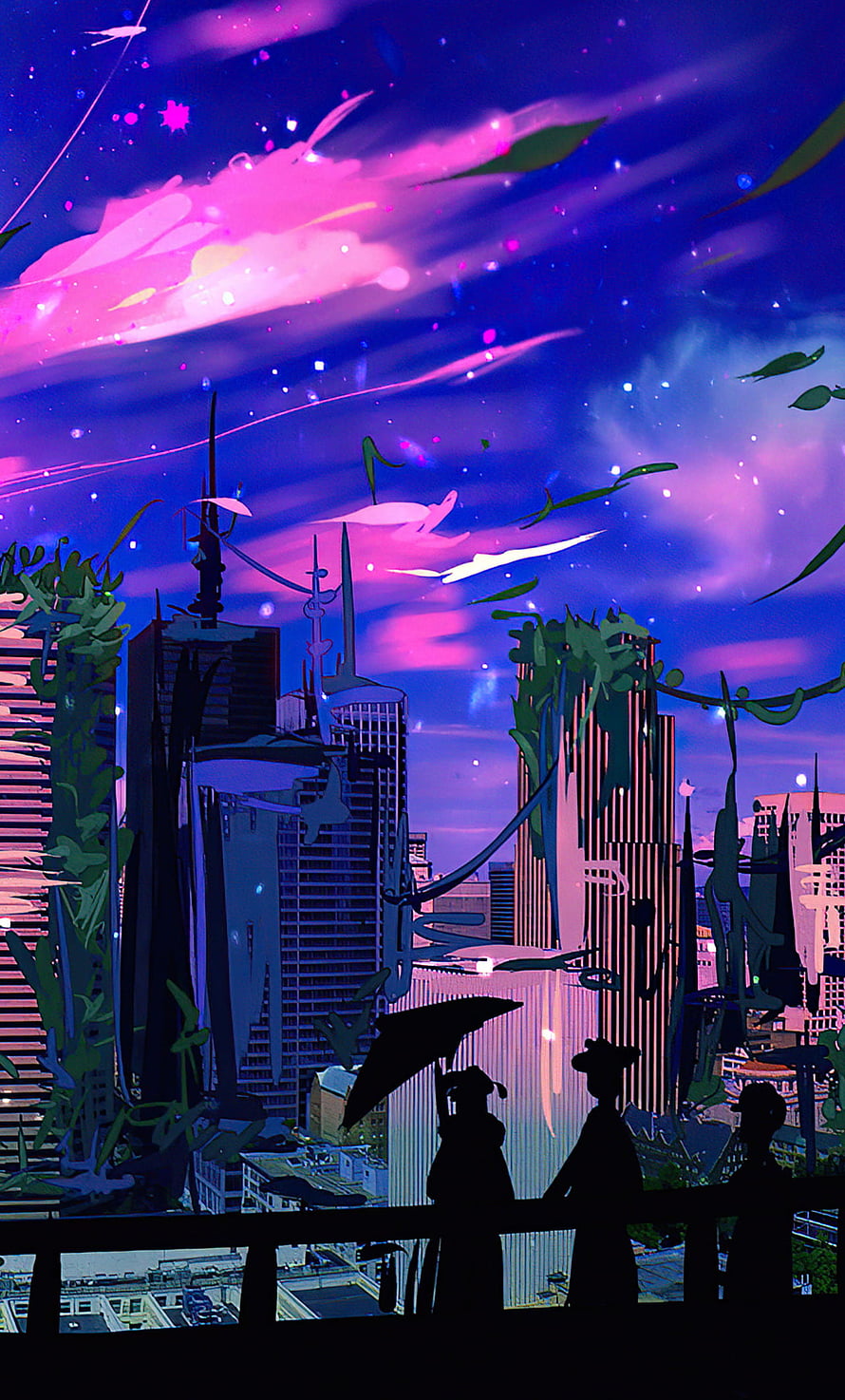 Neon Purple Sky Over Overgrown Cityscape with Silhouetted Figures HD phone wallpaper