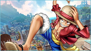 Monkey D. Luffy Dynamic Action Pose Over Cityscape in One Piece Anime Art HD wallpaper