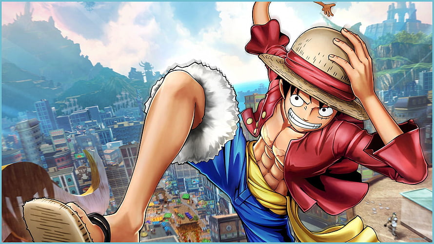 Monkey D. Luffy Dynamic Action Pose Over Cityscape in One Piece Anime Art HD wallpaper