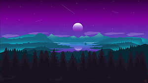 Purple Night Sky Over Mountain Range With Full Moon And Pine Forest HD wallpaper