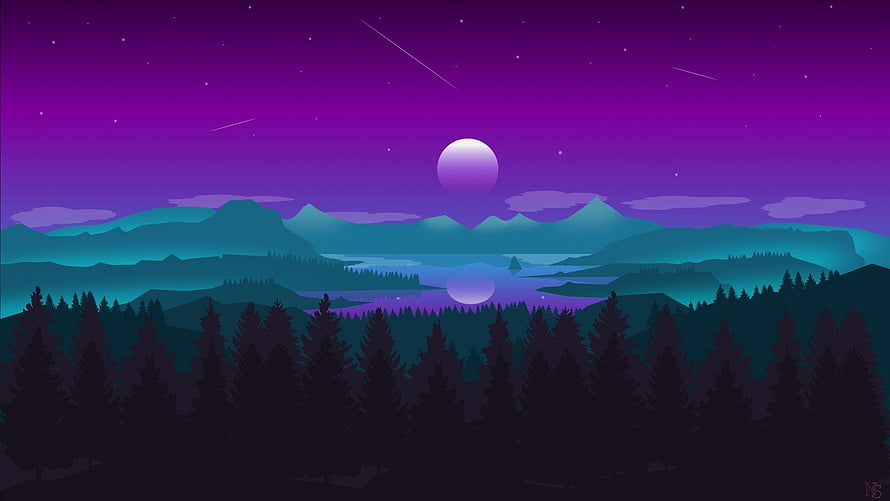 Purple Night Sky Over Mountain Range With Full Moon And Pine Forest HD wallpaper