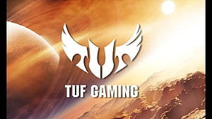 TUF Gaming Logo on Alien Planet Landscape with Orange Sky and Rocky Terrain HD wallpaper