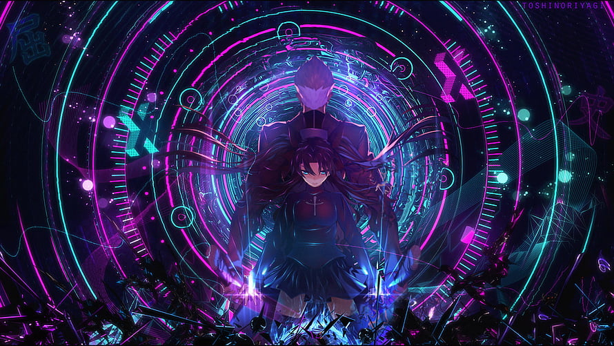 Neon Cyberpunk Anime Girl with Masked Figure in Glowing Digital Tunnel HD wallpaper