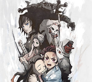 Demon Slayer Hashira and Tanjiro Group Artwork with Water Brush Background HD wallpaper