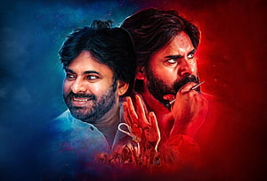 Pushpa 2 The Rule Movie Poster Featuring Allu Arjun and Sukumar in Dramatic Red and Blue Split Composition HD wallpaper