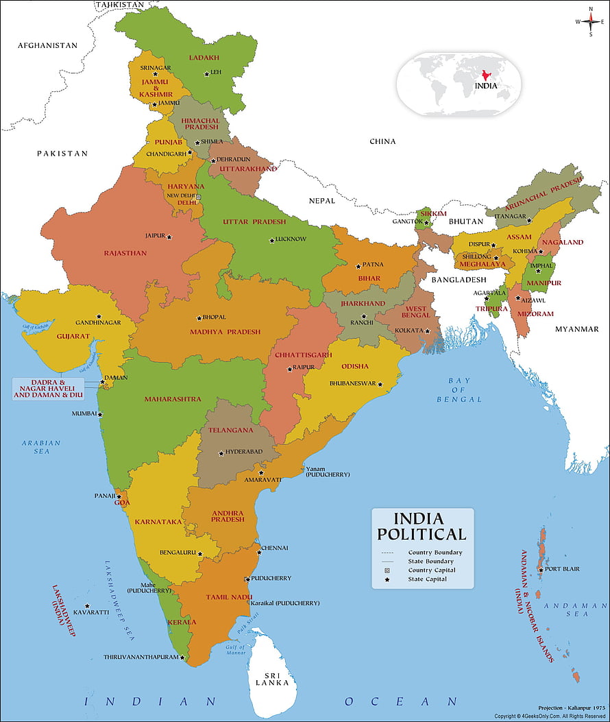 Detailed Political Map of India Showing States, Capitals, and Neighboring Countries HD phone wallpaper