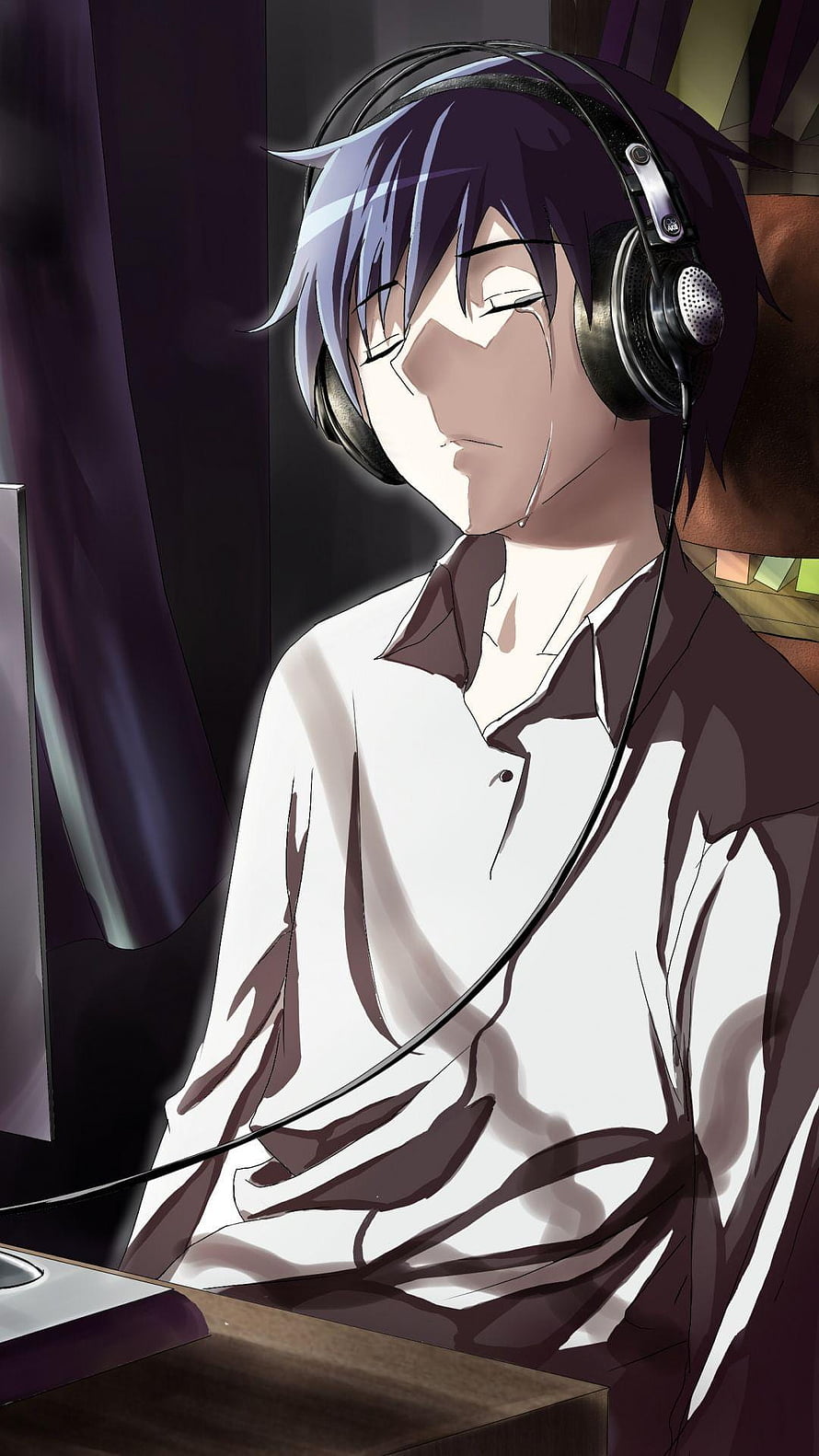 Anime boy with purple hair wearing headphones and white shirt relaxing at desk HD phone wallpaper