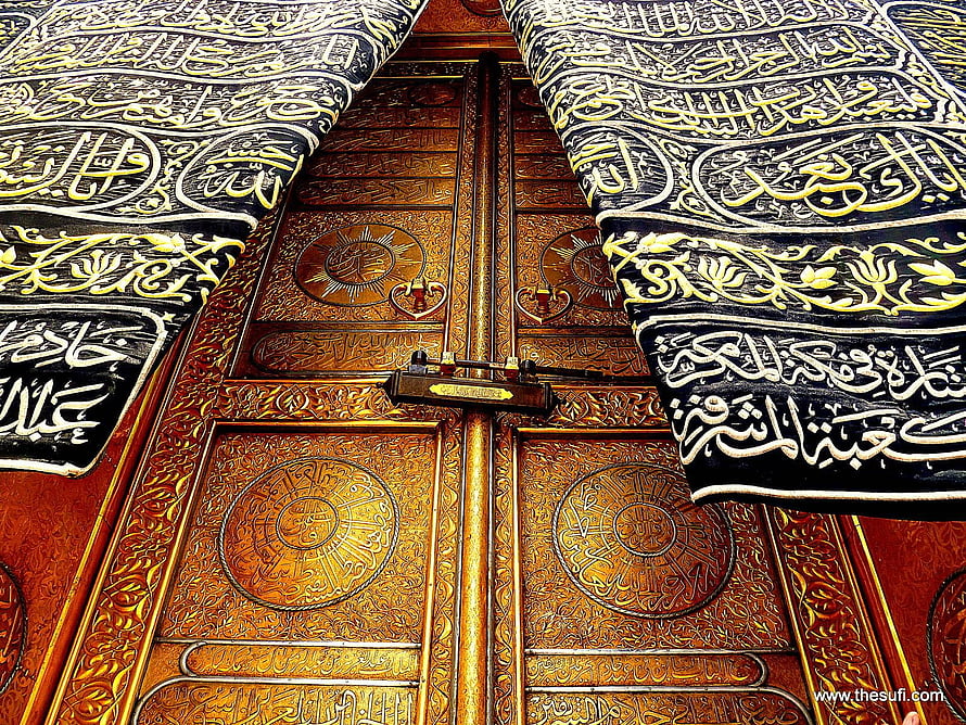 Ornate Golden Kaaba Door with Arabic Calligraphy and Black Kiswa Cloth HD wallpaper