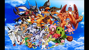 Digimon Adventure Full Cast and Partner Digimon Group Portrait Against Blue Sky HD wallpaper