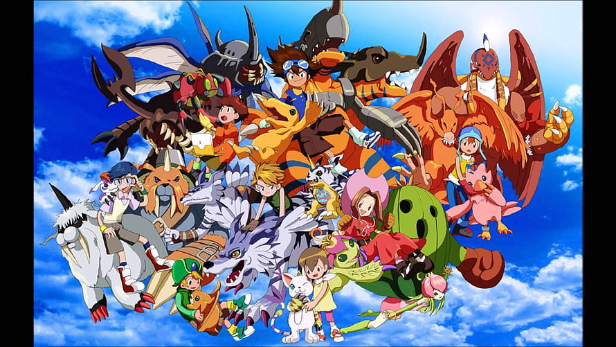 Digimon Adventure Full Cast and Partner Digimon Group Portrait Against Blue Sky HD wallpaper