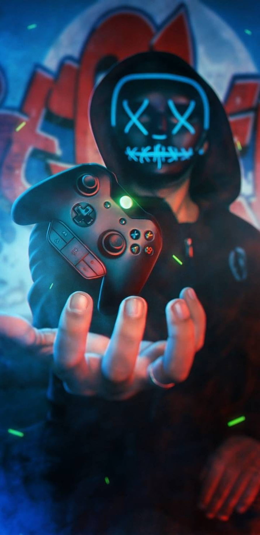 Gamer in a black hoodie with a glowing blue mask holding a game controller HD phone wallpaper