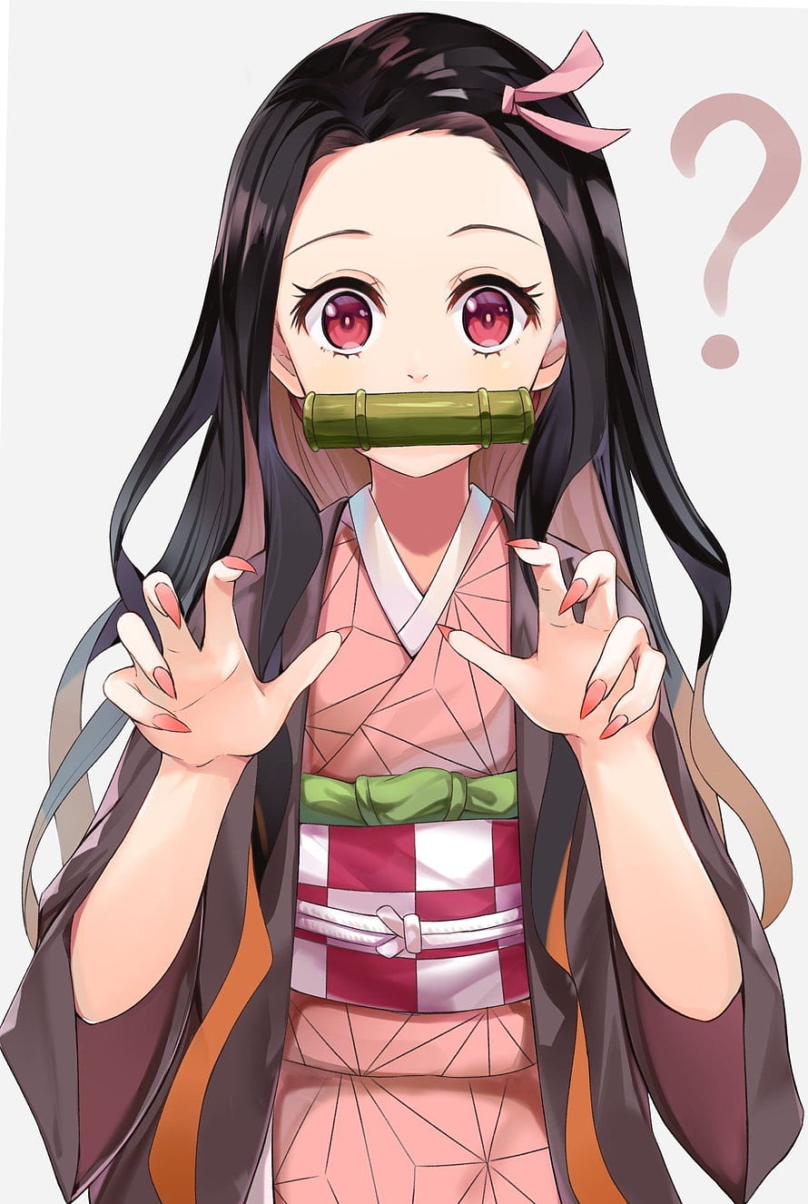 Nezuko Kamado from Demon Slayer in Pink Kimono with Bamboo Cuff and Question Mark HD phone wallpaper
