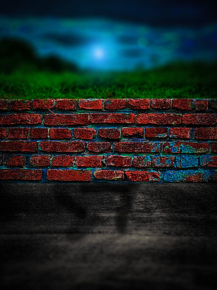 Grunge Brick Wall Background With Blue Neon Glow And Dark Concrete Floor HD phone wallpaper