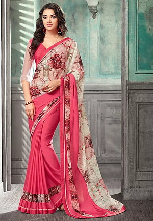 Elegant Pink Floral Saree with Intricate Border and Traditional Indian Jewelry HD phone wallpaper