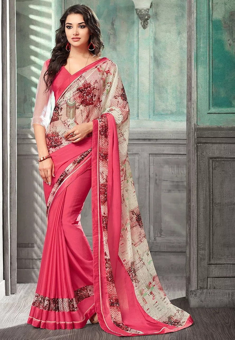 Elegant Pink Floral Saree with Intricate Border and Traditional Indian Jewelry HD phone wallpaper