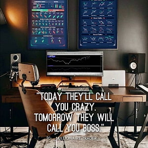 Modern Home Trading Desk Setup With Financial Charts And Motivational Quote HD phone wallpaper
