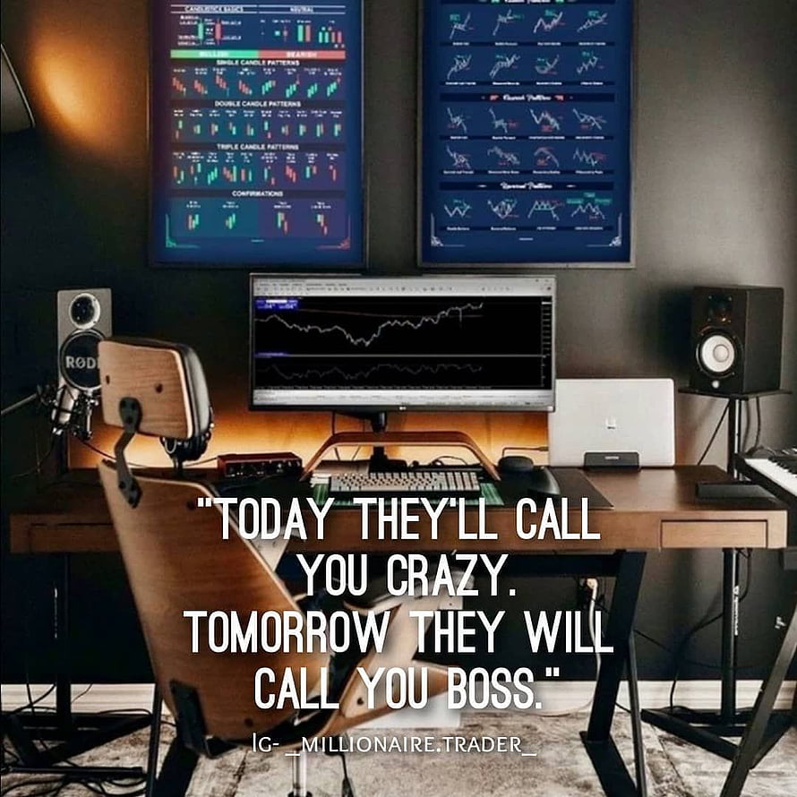 Modern Home Trading Desk Setup With Financial Charts And Motivational Quote HD phone wallpaper