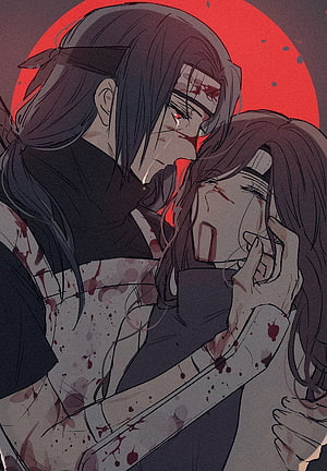Emotional anime couple embracing with blood splatters against a red moon background HD phone wallpaper