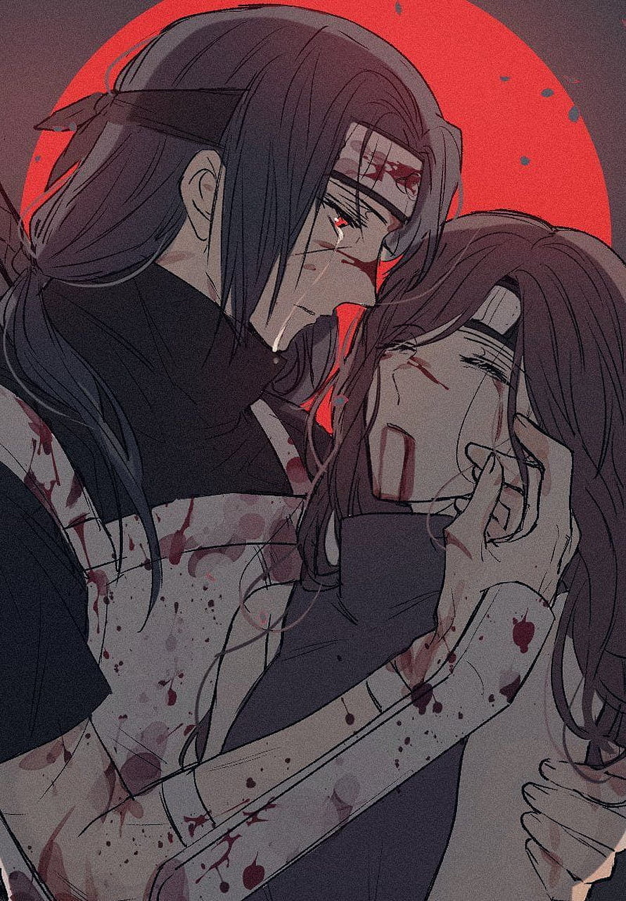Emotional anime couple embracing with blood splatters against a red moon background HD phone wallpaper