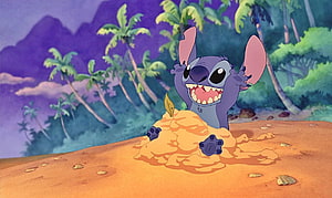 Stitch Digging in Sand on a Tropical Beach with Palm Trees and Purple Mountains HD wallpaper