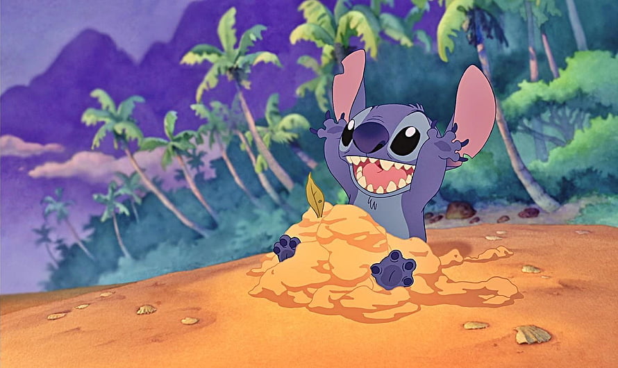 Stitch Digging in Sand on a Tropical Beach with Palm Trees and Purple Mountains HD wallpaper