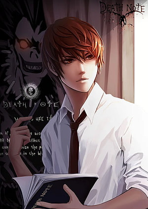 Light Yagami Holding Death Note with Shinigami in Background HD phone wallpaper