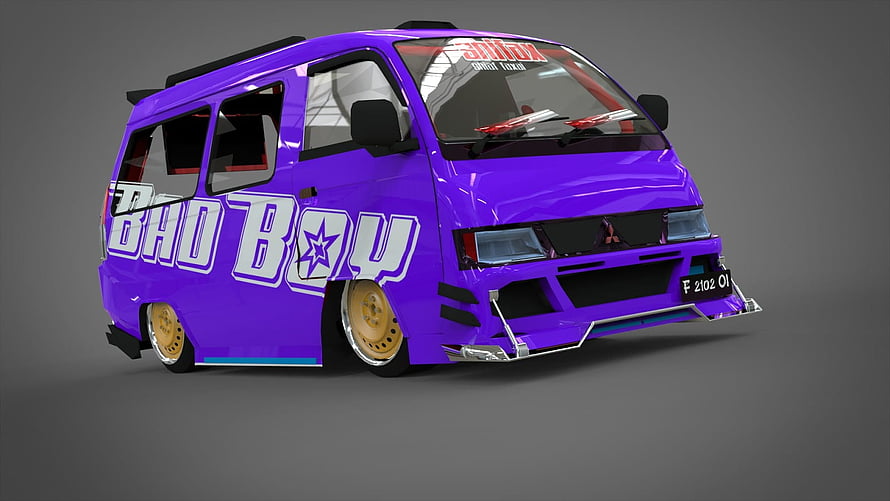 Purple Mitsubishi Delica Stanced Van with Gold Rims and Bad Boy Decals HD wallpaper