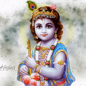 Baby Krishna with Peacock Feather Crown and Golden Flute Portrait HD phone wallpaper