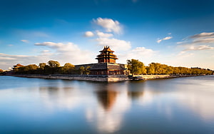 Forbidden City Corner Tower Reflected in the Moat at Golden Hour HD wallpaper