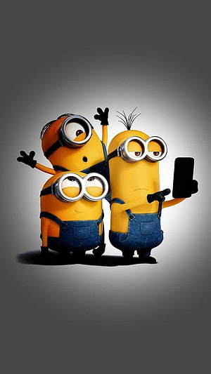 Minions Taking a Group Selfie in Denim Overalls and Goggles HD phone wallpaper