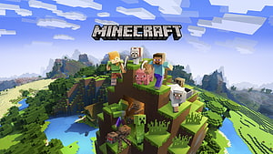 Minecraft Official Artwork Featuring Alex, Steve, and Various Mobs in a Blocky Landscape HD wallpaper