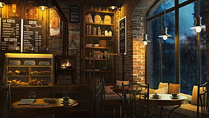 Cozy rustic cafe interior with brick walls, warm fireplace, and large windows overlooking a rainy night HD wallpaper
