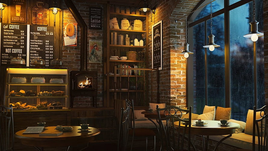 Cozy rustic cafe interior with brick walls, warm fireplace, and large windows overlooking a rainy night HD wallpaper