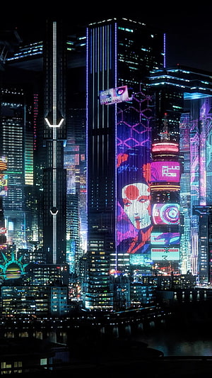 Cyberpunk 2077 Night City skyline with neon holographic billboards and towering skyscrapers at night HD phone wallpaper