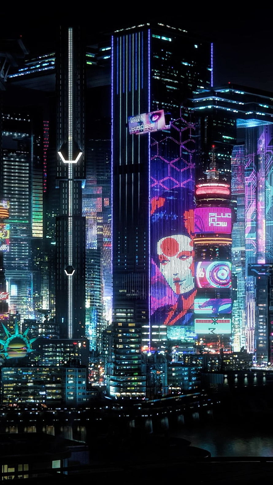Cyberpunk 2077 Night City skyline with neon holographic billboards and towering skyscrapers at night HD phone wallpaper