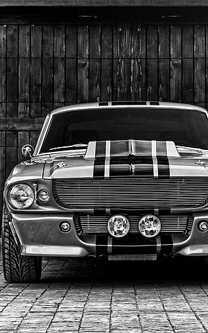 1967 Ford Mustang Shelby GT500 Front View with Racing Stripes in Black and White HD phone wallpaper