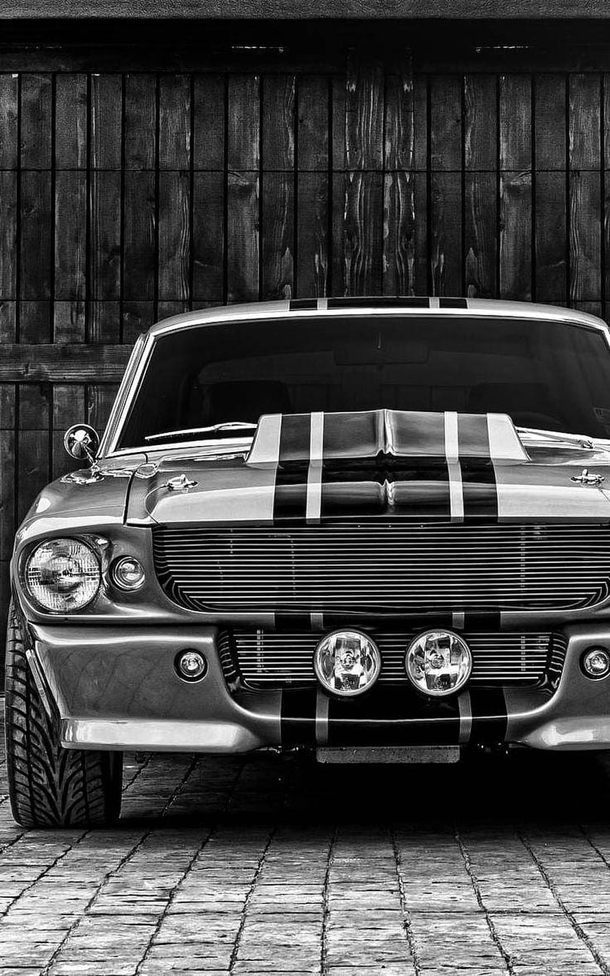 1967 Ford Mustang Shelby GT500 Front View with Racing Stripes in Black and White HD phone wallpaper