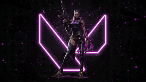 Reyna from Valorant in a dark cyberpunk setting with neon purple accents and a futuristic weapon HD wallpaper
