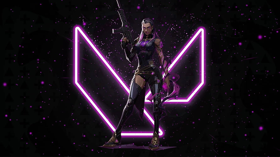 Reyna from Valorant in a dark cyberpunk setting with neon purple accents and a futuristic weapon HD wallpaper